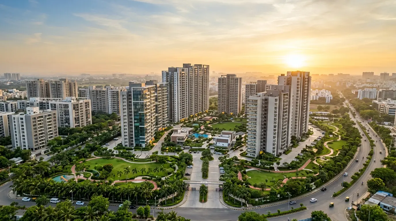 Aerial view of a redeveloped residential township in India